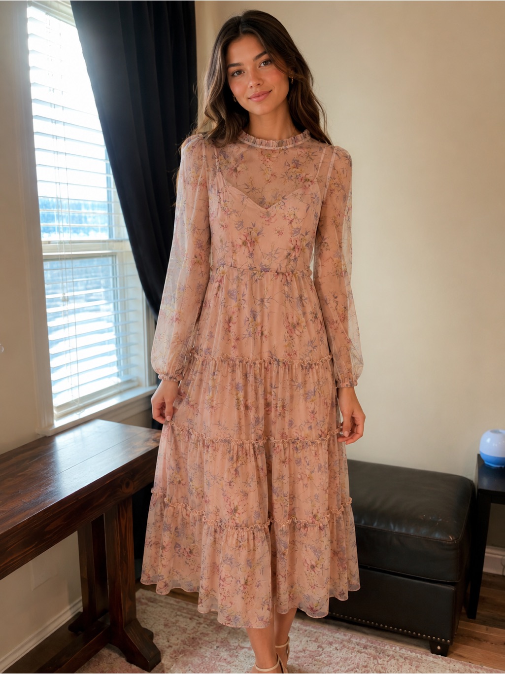 Romantic Blush Pink Floral Long-Sleeve Midi Dress